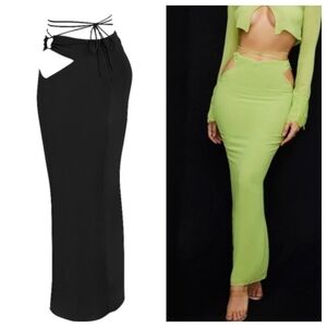 NWT HOUSE OF CB Madeline Maxi Skirt Black Cut Out Tie Waist L Large